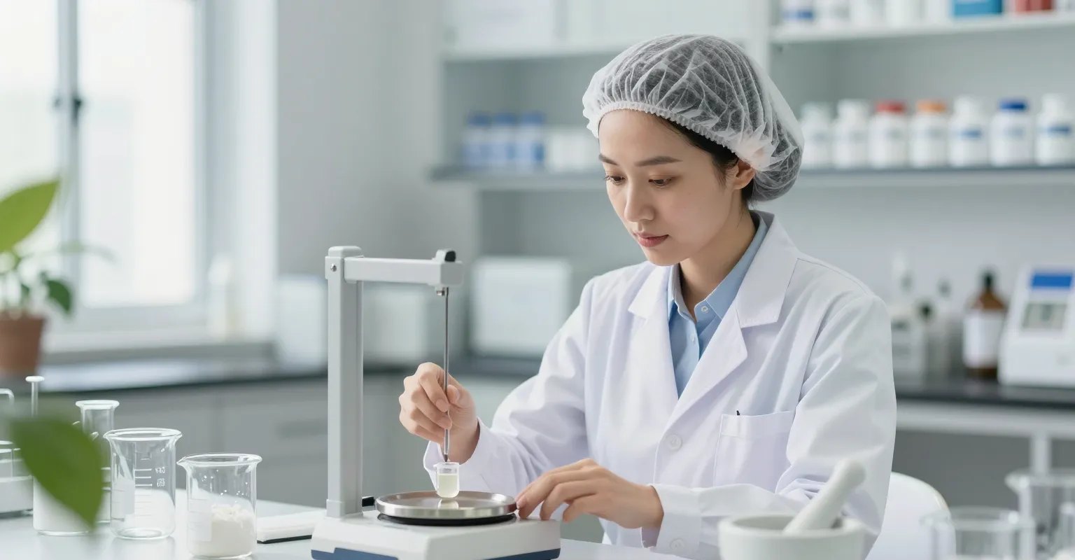Pharmacist in a hairnet weighing a sample on a precision balance in the compounding laboratory