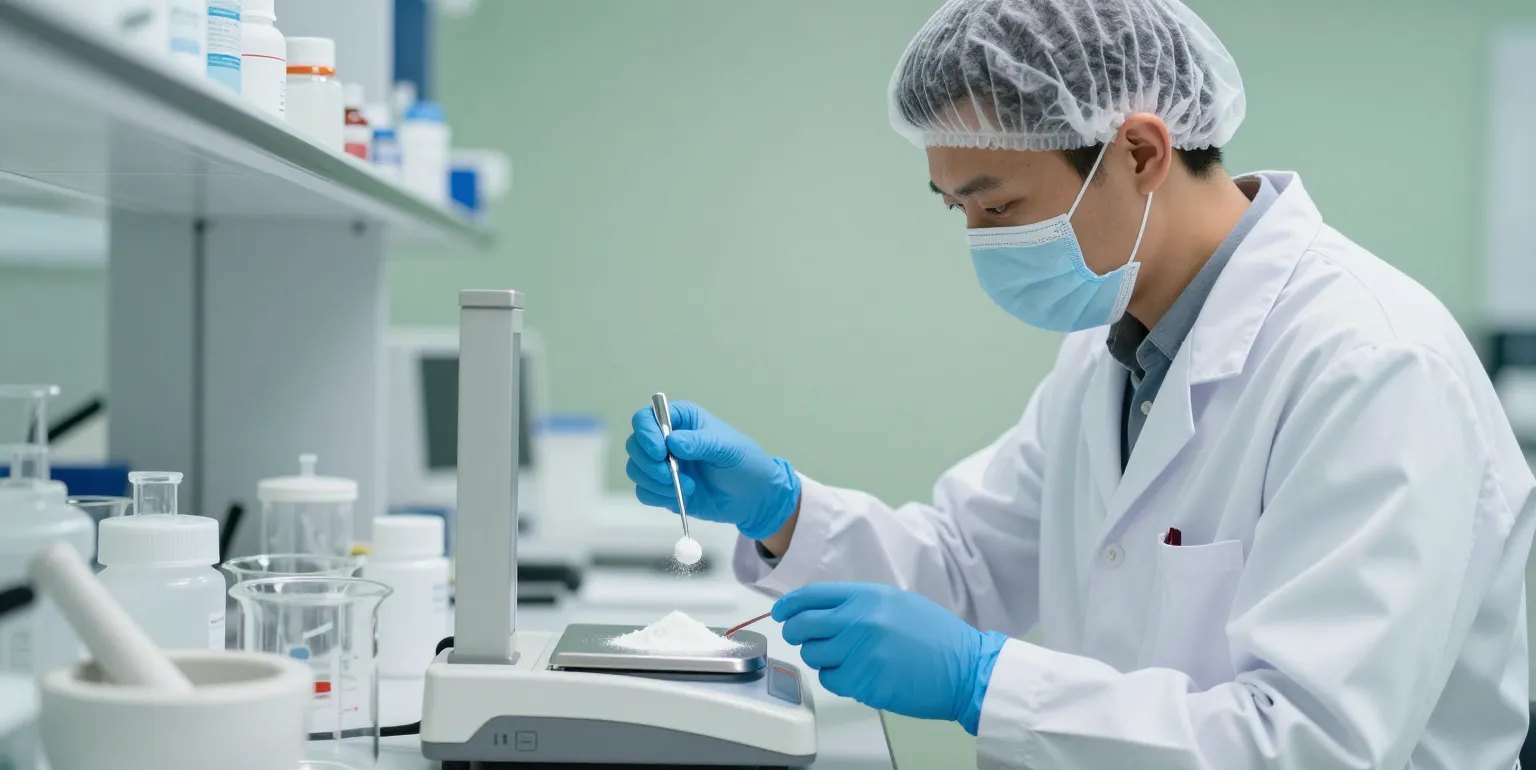 Pharmacist weighing ingredients on a precision balance in the ACPHARM compounding lab