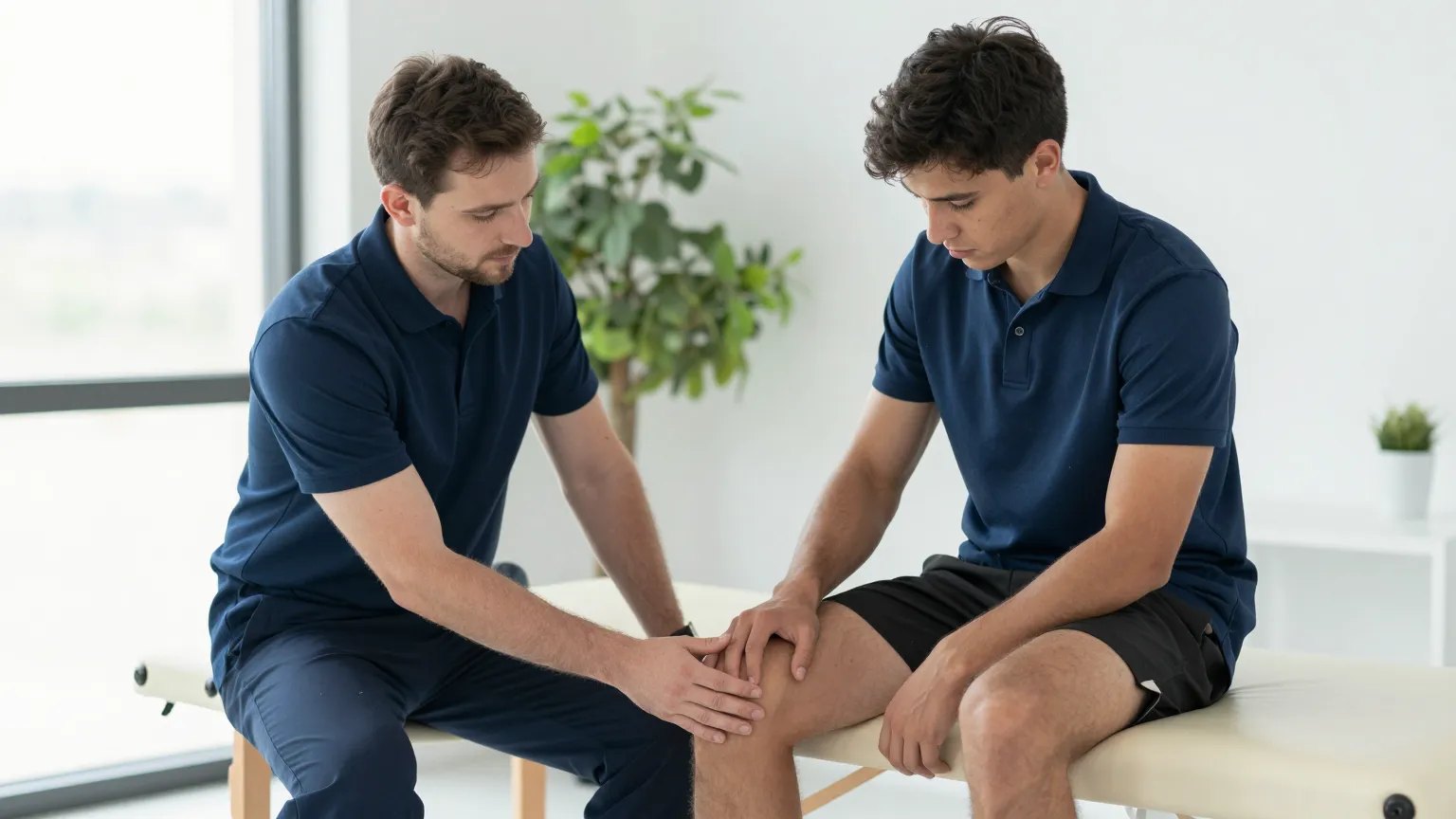 Physiotherapist assessing an athlete’s knee in a sports clinic